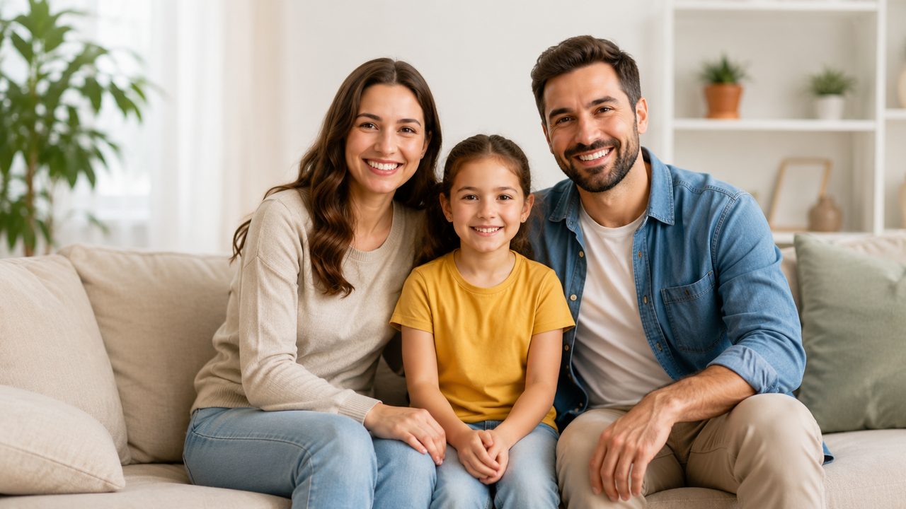 Família feliz em casa após contratar profissionais pela plataforma